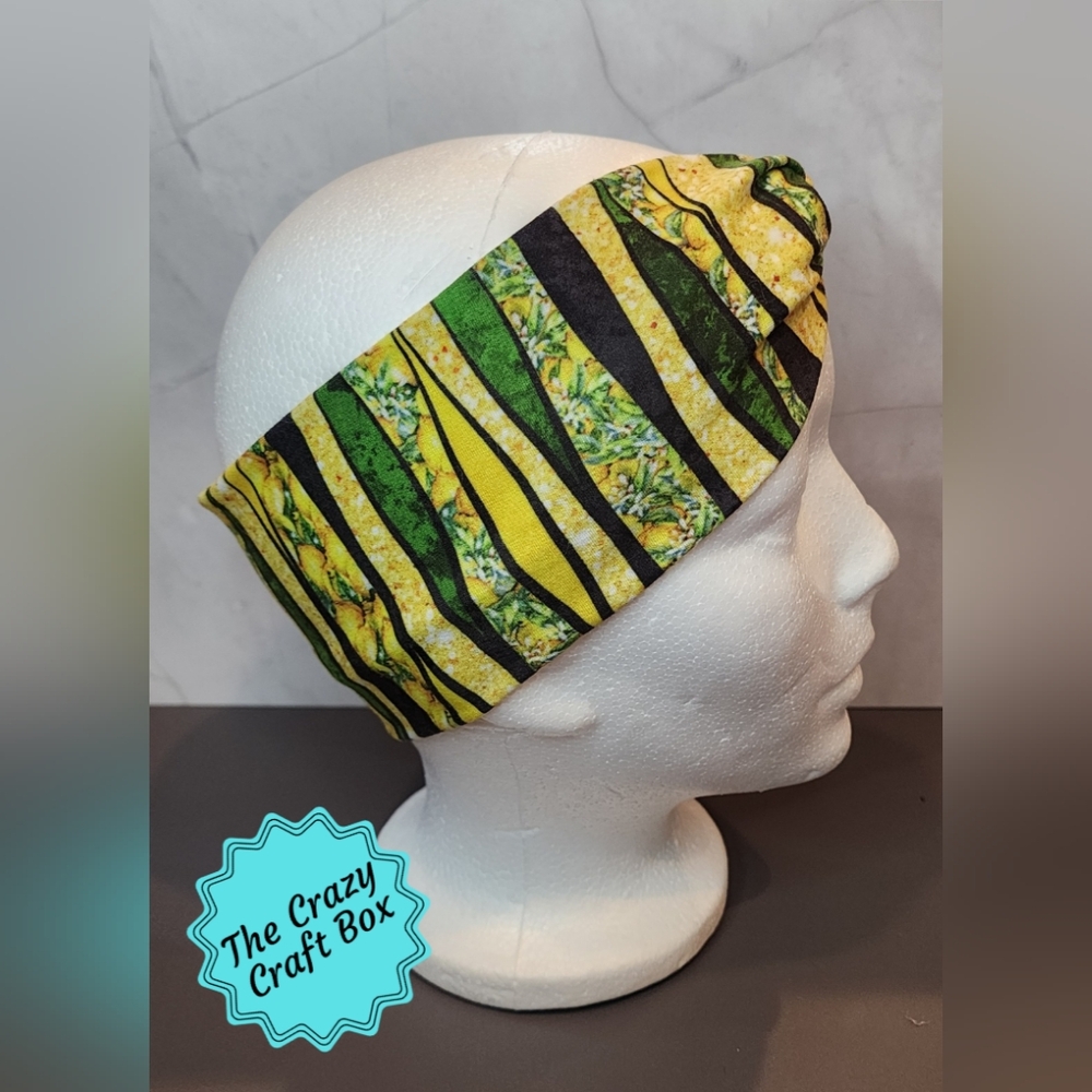 Lemon Print Twisted Knot Headband Yellow Green Black Wide - Picture 2 of 2
